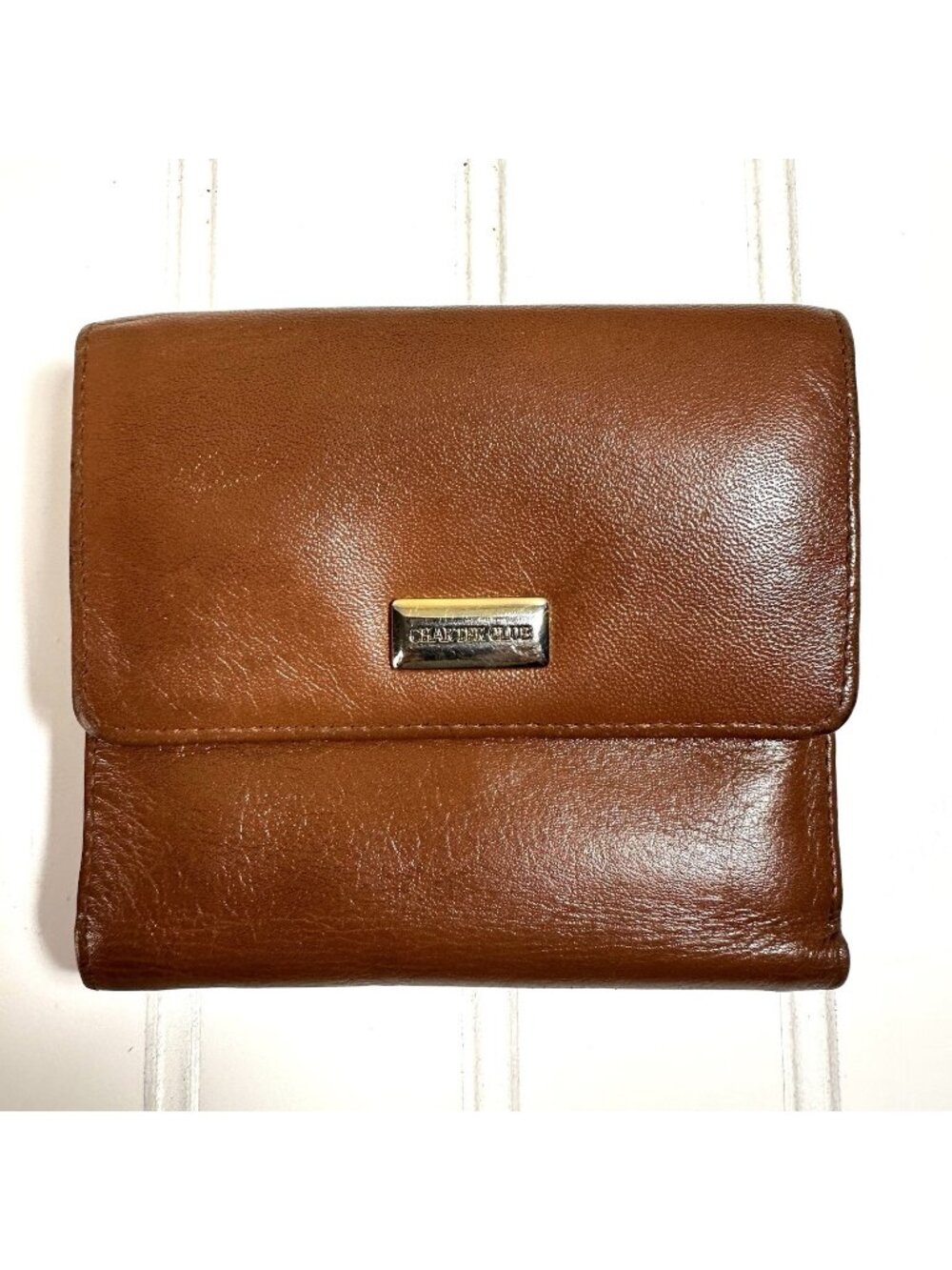 Charter Club Wallet Brown Leather Small TriFold Kiss Lock Coin Purse ID Slip